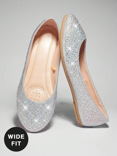 SHUZIA Women's Wide-Fit Comfortable Round Toe Rhinestone Flats For Christmas