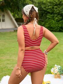 Swim Mod Plus Size Women Two-Piece Swimsuit Set With Adjustable Spaghetti Straps Top And High Waist Shorts, Suitable For Vacation For Summer