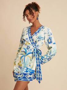 Travachic Vestido corto de manga larga con estampado de palmeras y cierre delantero de lazo, estilo de vacaciones para mujer - Azul - Ver 7