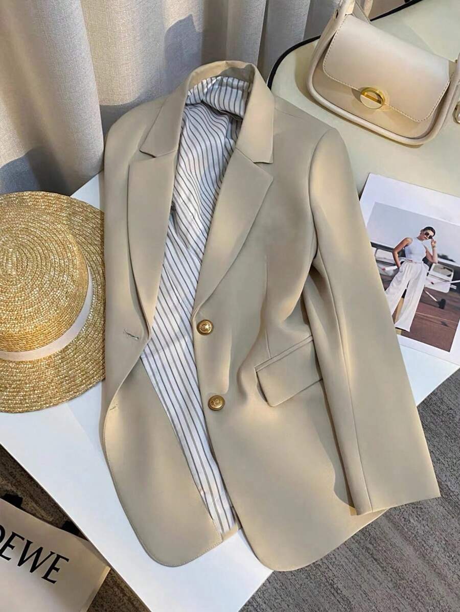 Franclia Jaqueta Casual Nova de Primavera e Outono, Cor Creme, Roupa Feminina, Blazer Fino de Cor Sólida de Primavera e Outono - Damasco - Visão 1