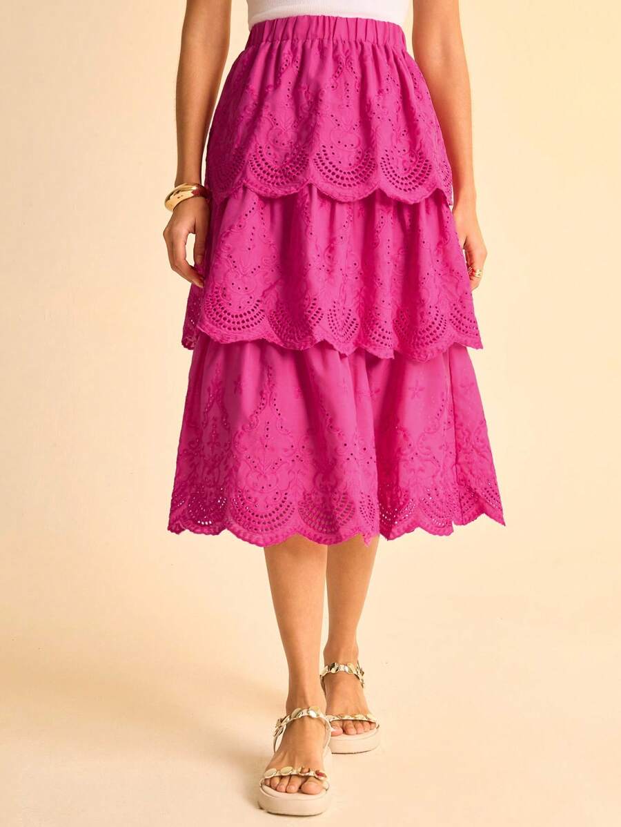 CAJUNI Women's Casual Vacation Rose Red Three-Layer Cake Ruffle Hem Skirt Embroidered Skirt Bohemian Women's Cute Birthday Skirt Country Concert - Hot Pink - View 1