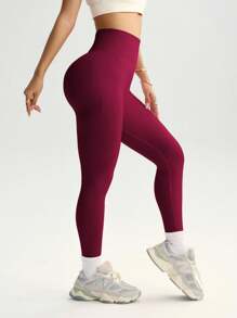 SHEIN Sports Yoga Leggings Seamless Wide Waistband Scrunch Butt Gym Leggings For Chinese New Year - Burgundy - View 7