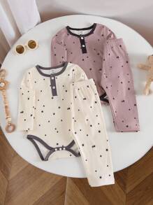 SHEIN 婴儿连体衣套装，3件套，男女童星空印花连体衣、裤子，婴儿冬季服装，婴儿休闲套装，中性婴儿服装，男女通用星空印花婴儿服装 - 彩色 - 查看 1