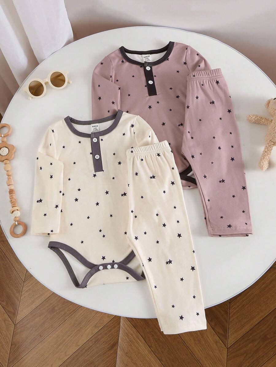 SHEIN 婴儿连体衣套装，3件套，男女童星空印花连体衣、裤子，婴儿冬季服装，婴儿休闲套装，中性婴儿服装，男女通用星空印花婴儿服装 - 彩色 - 查看 1