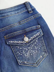 Girlism Teen Girls Casual Washed Rhinestone Embroidered Butterfly Flare Jeans,Back To School Clothes,Fall Kid's  Casual And Comfortable  Wear, 2000s ,Back To School Clothes Winter