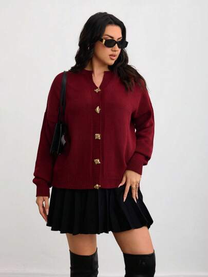 EURMUSE Plus Size Women's Solid Color Drop Shoulder Long Sleeve Loose Casual Cardigan, Autumn/Winter