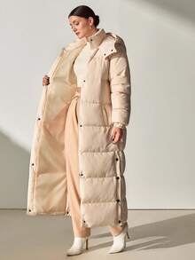 CLARA VERO Women's Light Beige Casual Side Buttoned Hooded Winter Coat - Beige - View 8