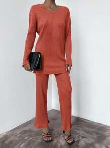 EURMUSE 2pcs/Set Women Casual Solid Long Sleeve Top And Pants Set - Redwood - View 5