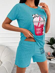 EURMUSE Cotton Cartoon & Slogan Graphic PJ Set - Teal Blue - View 4