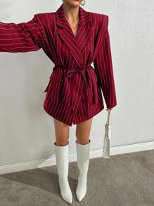 SHEIN Cottnline Women's Navy Striped Casual Blazer Jacket - Burgundy - View 3
