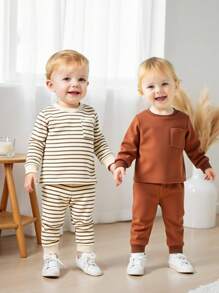 SHEIN Baby Boy 4-Piece Casual Set:Striped Crew Neck Long Sleeve Top & Loose Pants,Shades Of Brown,Autumn,Modest,Family Matching,Solid Ribbed Cuff Outfits - Multicolor - View 1