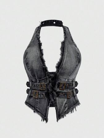 Hippie Y2K Sexy Halter Lace-Up Cropped Denim Shirt For Plus Size