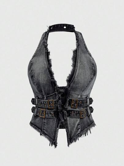 Hippie Y2K Sexy Halter Lace-Up Cropped Denim Shirt For Plus Size