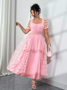 Elenzga Vestito elegante rosa, taglia oversize, in maglia traforata con inserti, scollo a cuore, maniche corte, abito elegante con stampa floreale rosa per donna, adatto a garden festa e tea festa