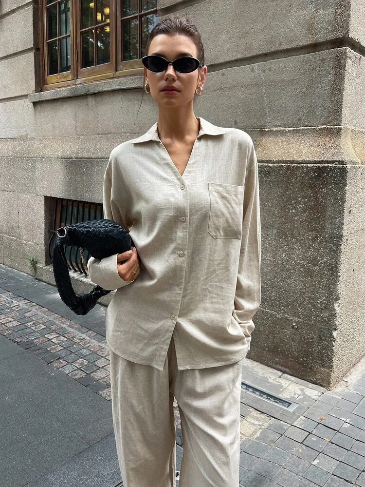 Women's Linen Style Casual Long Sleeve Shirt And Pants 2 Pieces Set, Spring/Summer/Autumn