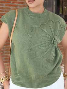 Melissa Matos Women Casual Solid Color 3D Floral Short Sleeve Knitted Top - Army Green - View 3