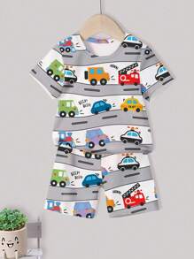 Baby Boy Car Print Casual Knit Pajama Set With Short Sleeve Tee And Shorts, Summer - Grey - View 2