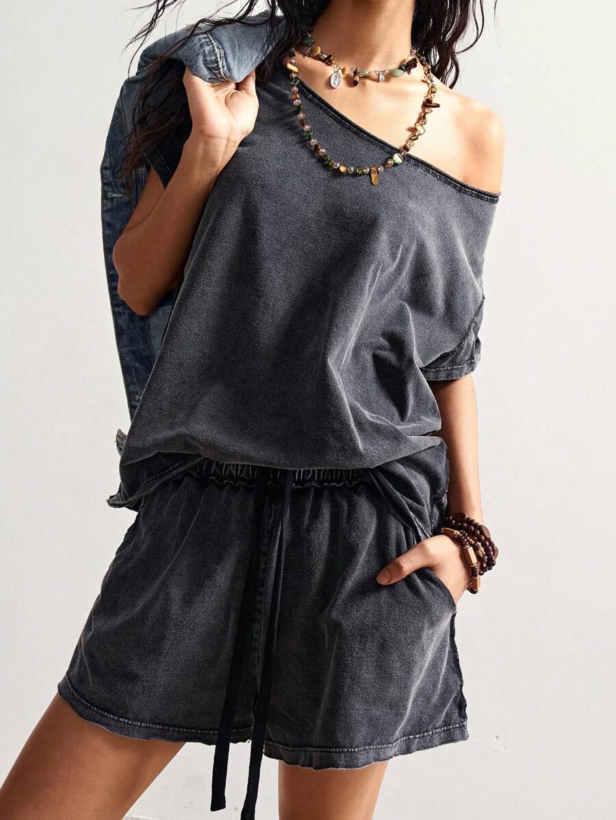 Bohemela 2件套女士纯色针织不对称领口宽松T恤+高腰宽松短裤女夏季短裤套装休闲短款套装 - 黑色 - 查看 1