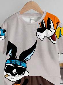 SHEIN 2pcs Young Boy Casual Cartoon Rabbit Graphic Round Neck Short Sleeve Shorts Set, Suitable For Summer - Multicolor - View 6