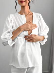 Momance 2pcs Nursing Set: Crew Neck Half Placket Frill Trim Blouse + Tie Front Bow Waist Straight Leg Pants