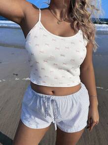 大码女式条纹系腰宽松休闲百搭短裤 - 藍色 - 查看 4