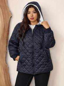 Zelara Abrigo acolchado de polar con estampado de diamante azul marino para mujer de talla grande, chaqueta y parka de invierno gruesa, chaqueta con capucha y cremallera completa acolchada y resistente al agua, chaqueta de invierno de manga larga resistente al viento y al agua, con bolsillos, ropa de moda para mujer de talla grande, abrigo de borreguillo de polar largo y cálido para el invierno