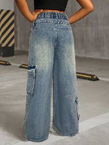 Tween Girls Fashion Casual Y2k Vintage Cool Double Waistbands And Workwear Pockets Comfortable And Nostalgic Blue Loose Work Jeans For Tween Girl Clothes Girls Soft Dailywear And Tween Girl Summer And Fall Rave Outfits Festival And Beach Outfits Streetwear School Clothes Tween Girl Wide Leg Jeans Tween Girl Baggy Jeans Y2k Jeans Winter - Blue - View 2