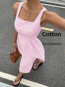 Siren Gaze Women Stripe Print Sleeveless Square Neck Mid-Length Dress For Summer Pink