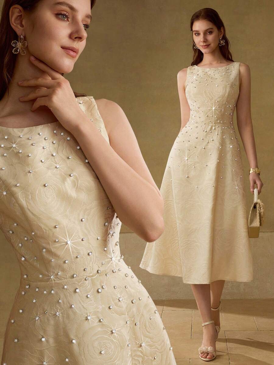 MOTF PREMIUM SLEEVELESS DRESS WITH ROSE JACQUARD AND RHINESTONE DETAILS