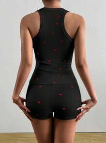 INAWLY Bộ đồ ngủ 2 món/bộ áo ba lỗ cổ tròn in hình trái tim vừa vặn thoải mái - màu đen - Xem 2