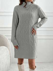 EURMUSE Knitwear Dress With Folded Neck And Cable Pattern,Winter Dresses For Women,Petite - Grey - View 4