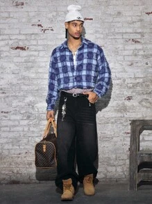 AXEPEAK Camisa holgada de manga larga con cuello vuelto para hombre, otoño - Azul - Ver 4