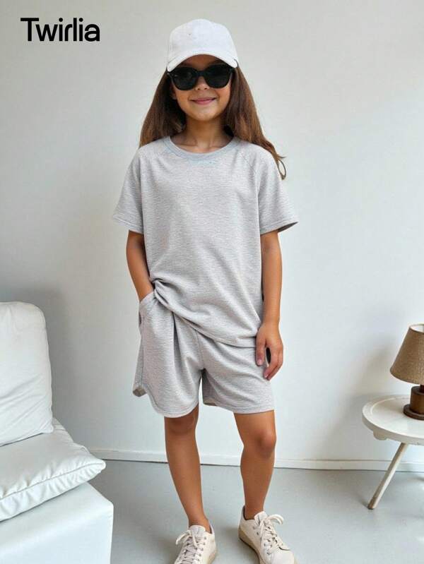 2 Stücke Lässig Sport Set für Teenagermädchen, locker sitzende Rundhals Kurzarmshirts und Shorts mit Tunnelzug Bund und Taschen, Sommer