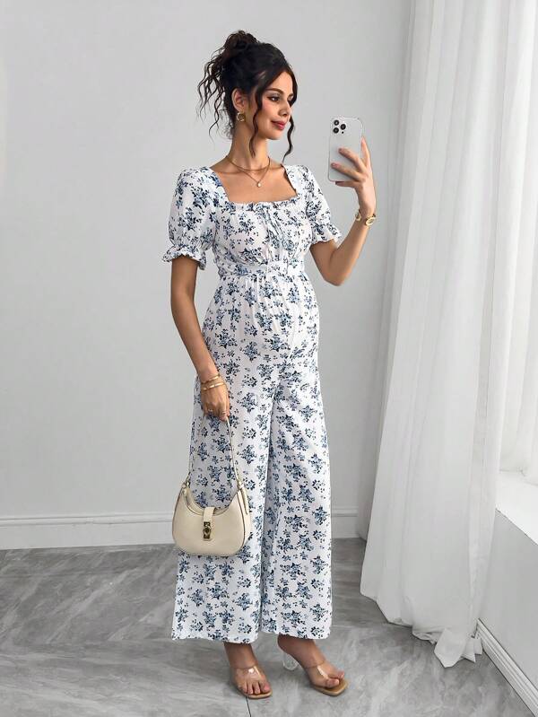 SHEIN Maternity Ruched Sleeve Shirred Chest Tie Front Bow Cutout Back Wide Leg Printed Jumpsuit