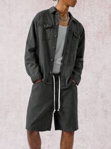 Manfinity EMRG 2pcs Men's Casual Denim Long Sleeve Shirt And Shorts Set, Fashion & Versatile Men Denim Set Men Shorts Set Boyfriend & Husband Washed Black Loose Wide Leg For Vacation