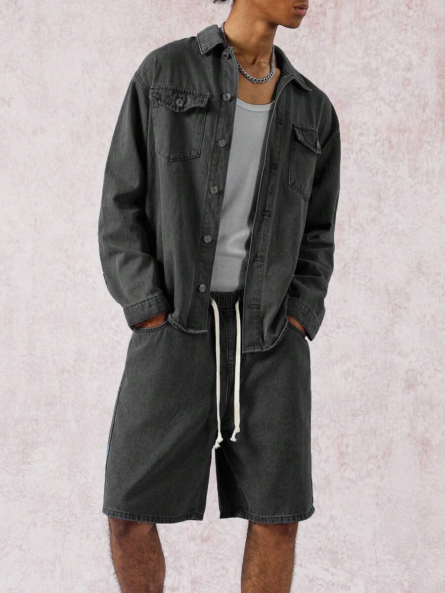 Manfinity EMRG 2pcs Men's Casual Denim Long Sleeve Shirt And Shorts Set, Fashion & Versatile Men Denim Set Men Shorts Set Boyfriend & Husband Washed Black Loose Wide Leg For Vacation