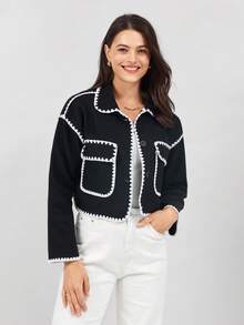 Miaspire 休闲通勤双色修剪短款大衣 - 黑與白 - 查看 3