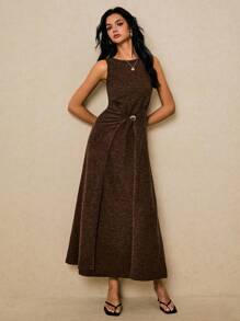 Poéselle 无袖环扣针织长款连衣裙 | 巧克力棕色A字晚礼服，秋季女装，女士纯色圆领休闲宽松长款无袖连衣裙，棕色长款连衣裙，商务休闲女装，环扣连衣裙，无袖针织连衣裙，秋季婚礼宾客礼服，简约晚装 - 棕色 - 查看 4