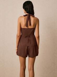 Poéselle Bộ 2 áo yếm và quần short đính nút kim loại dành cho nữ - Cà phê nâu - Xem 6