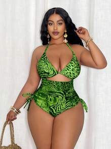 Slaydiva Traje de baño de una pieza con parte superior triangular y lazo lateral en estampado de leopardo de talla grande para mujeres - Verde - Ver 3