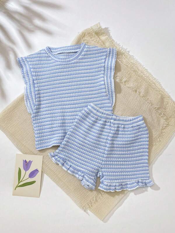 SHEIN Playful Pals 2pcs/Set Baby Girl Infant Toddler 0-3 Years Spring Summer Casual Daily Vacation Textured Knit Black White Striped Ruffle Sleeve Crew Neck T-Shirt And Shorts Set