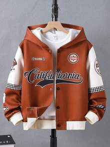 SHEIN 1 件 Tween Boy 字母印花羊毛连帽夹克，秋冬，男童赛车夹克，男童连帽夹克，男童图案夹克，返校 - 棕色 - 查看 3