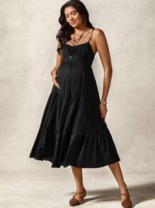 Boho Mama Pregnant Women Vacation Casual Solid Color Spaghetti Strap Dress - Black - View 5
