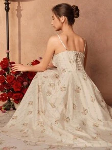 Savoree Women Vintage Floral Elegant Sleeveless A-Line Dress, Resort Vacation Party Dress For Spring/Summer - Apricot - View 2