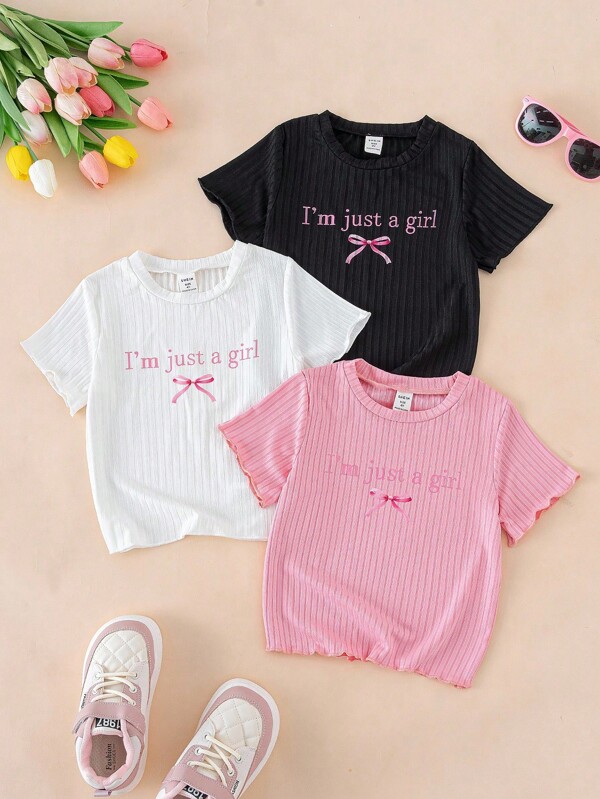 3pcs/Pack Toddler Girl Summer Top Casual Cute Casual Bow Knot Print Crew Neck Short Sleeve T Shirt