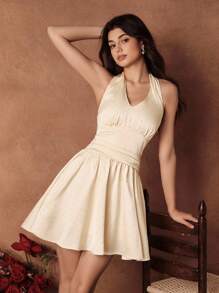 SHEIN Unity 优雅女士水钻装饰露背修身中长连衣裙，夏季 - 杏色 - 查看 6