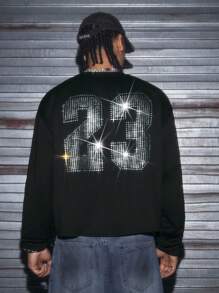 AXEPEAK 男士数字图案圆领插肩长袖休闲套头衫，适合秋冬 - 黑色 - 查看 6