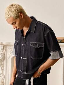 SWAVVY Áo sơ mi denim phong cách công sở thường ngày cho nam - Màu xanh lam - Xem 6