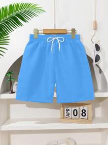 SHEIN Teen Boy Drawstring Waist Solid Color Loose Fit Wide Leg Swim Shorts, Men Light Blue Swim Trunks Men Swim Trunks Boys Light Blue Swim Trunks - Baby Blue - View 3
