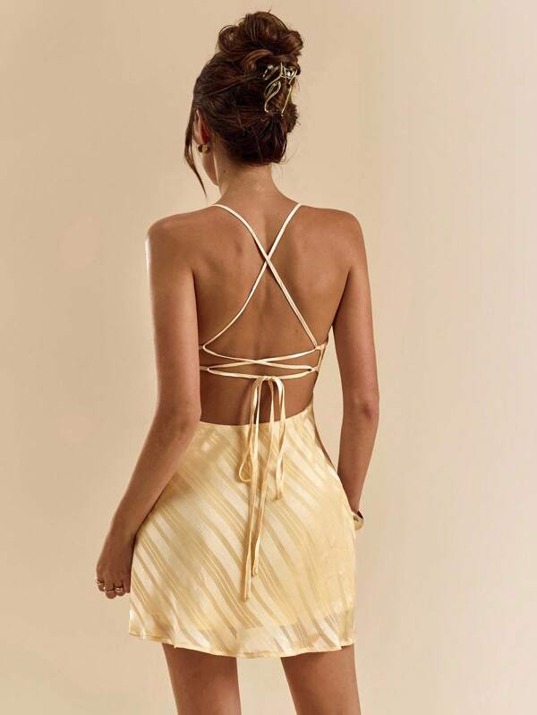 SHEIN BAE Fitted Texture Jacquard A-Line Super Mini Dress, Plunge Draped Neck Backless With Straps, Yellow, Spring/Summer